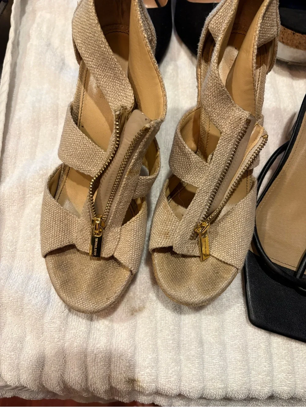 Michael Kors Beige Canvas Zip-Strap Wedge Sandals